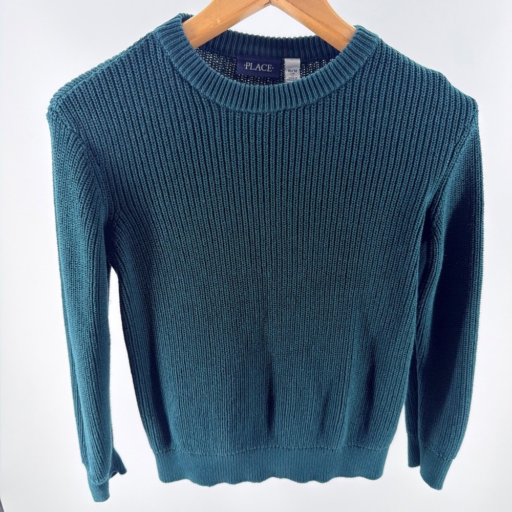 The Childrens Place Boys Teal Blue Ribbed Knit Crewneck Sweater- Size L 10/12